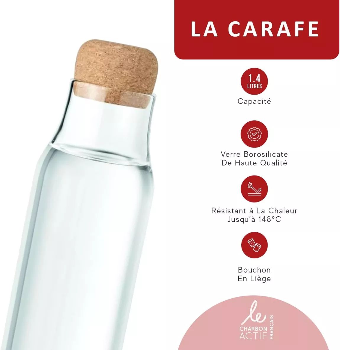 Carafe filtrante (style familiale) + 1 sachet de charbon actif végétal français