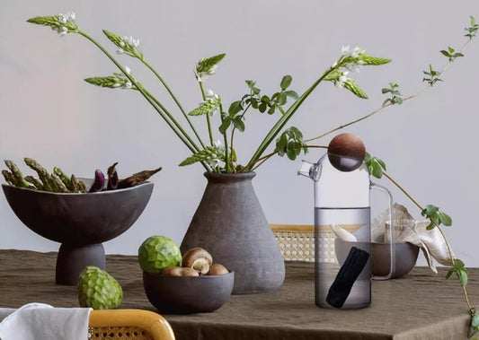 Carafe filtrante (style élégante) au charbon actif végétal Français + 1 charbon Binchotan